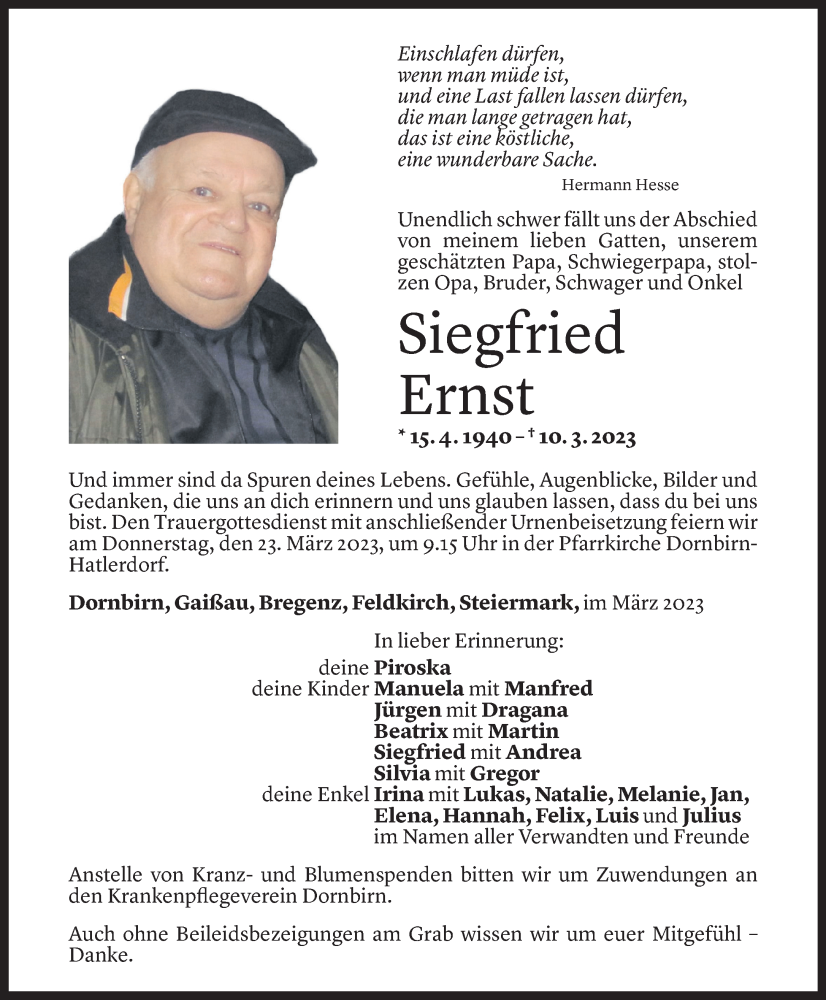  Todesanzeige für Siegfried Ernst vom 17.03.2023 aus Vorarlberger Nachrichten