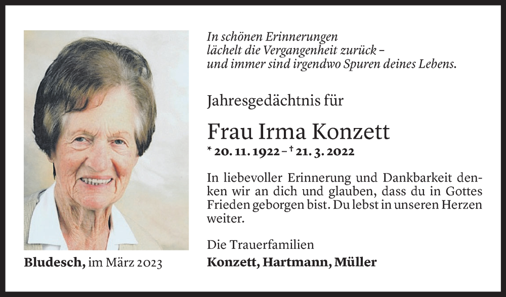  Todesanzeige für Irma Konzett vom 20.03.2023 aus Vorarlberger Nachrichten