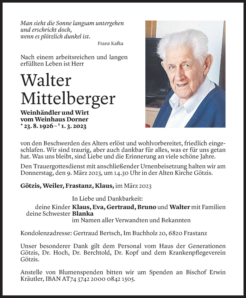  Todesanzeige für Walter Mittelberger vom 03.03.2023 aus Vorarlberger Nachrichten