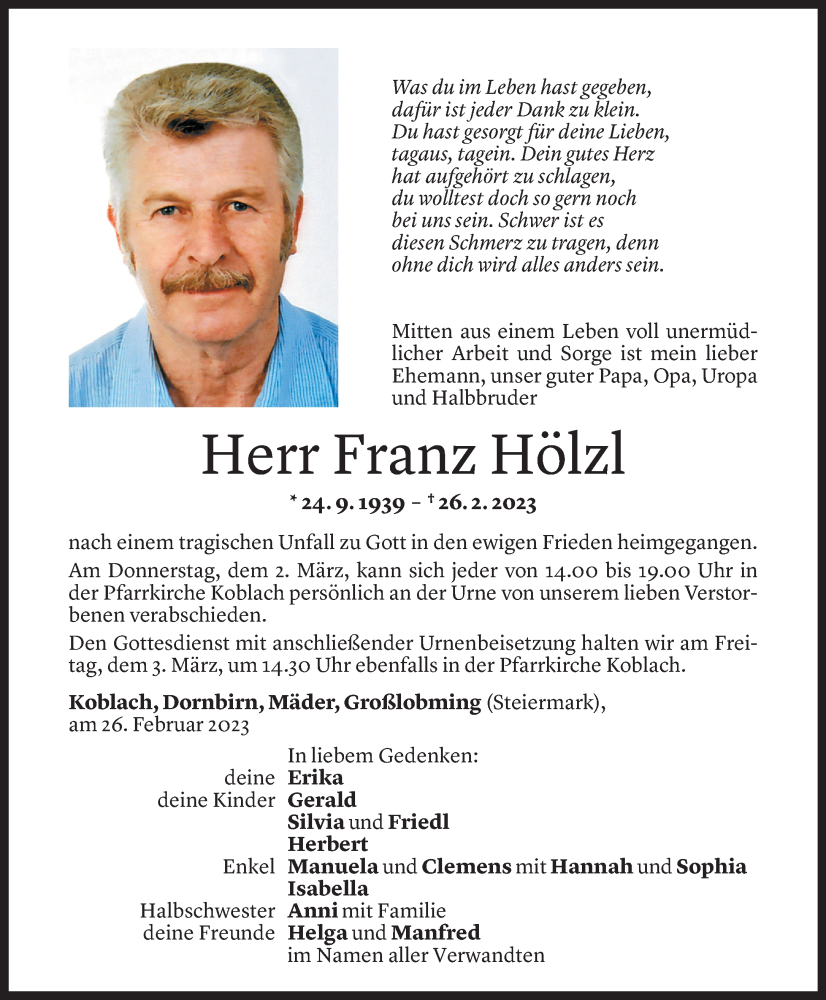 Todesanzeige für Franz Hölzl vom 01.03.2023 aus Vorarlberger Nachrichten