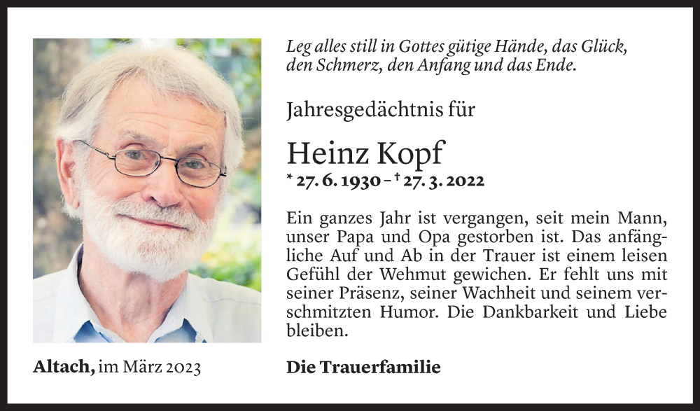  Todesanzeige für Heinz Kopf vom 26.03.2023 aus Vorarlberger Nachrichten