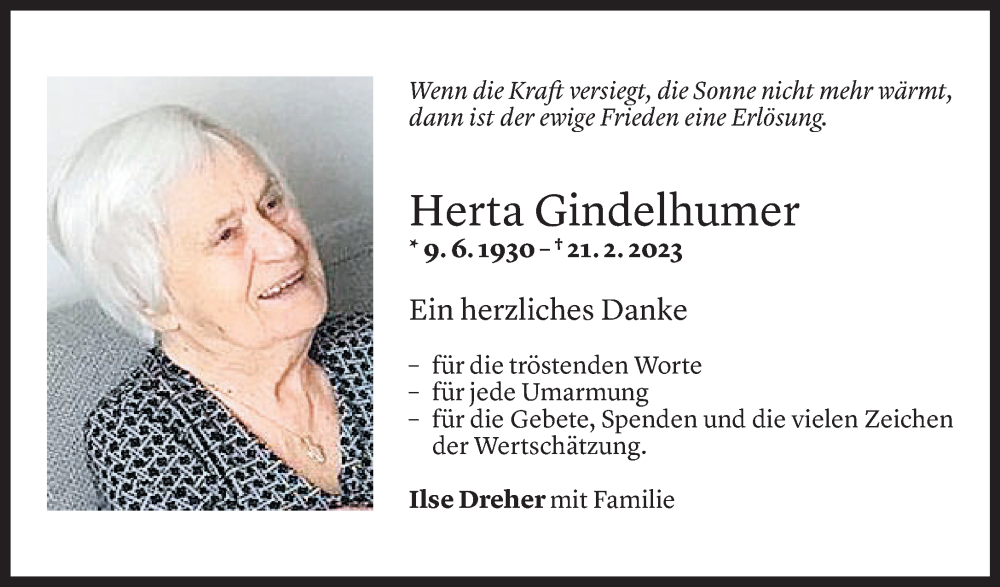  Todesanzeige für Herta Gindelhumer vom 17.03.2023 aus Vorarlberger Nachrichten