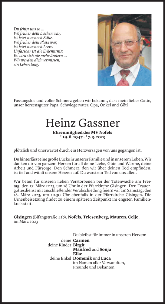  Todesanzeige für Heinz Gassner vom 15.03.2023 aus Vorarlberger Nachrichten