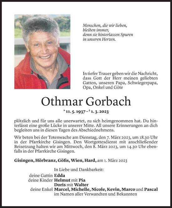 Todesanzeige von Othmar Gorbach von Vorarlberger Nachrichten