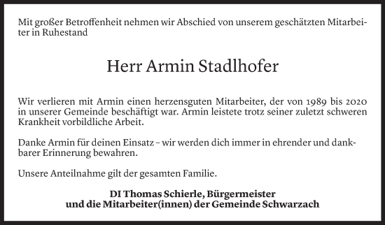 Todesanzeige von Armin Stadlhofer von Vorarlberger Nachrichten