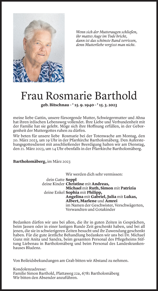  Todesanzeige für Rosmarie Barthold vom 16.03.2023 aus Vorarlberger Nachrichten