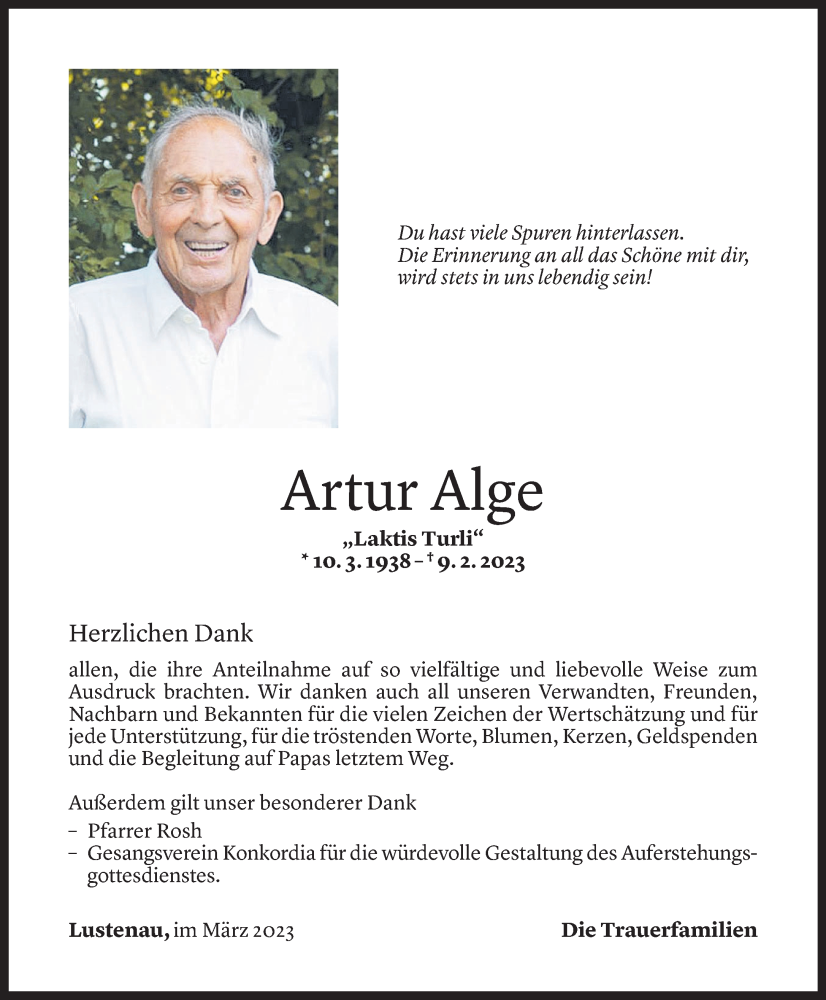  Todesanzeige für Artur Alge vom 17.03.2023 aus Vorarlberger Nachrichten