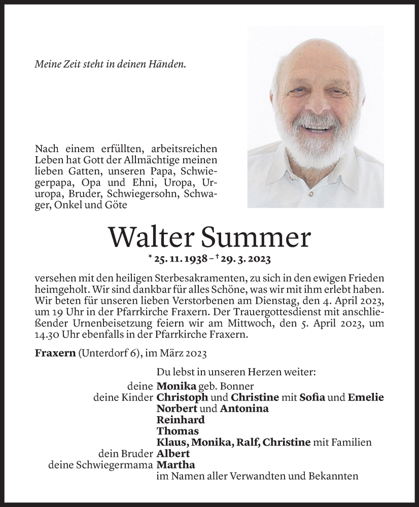  Todesanzeige für Walter Summer vom 31.03.2023 aus Vorarlberger Nachrichten