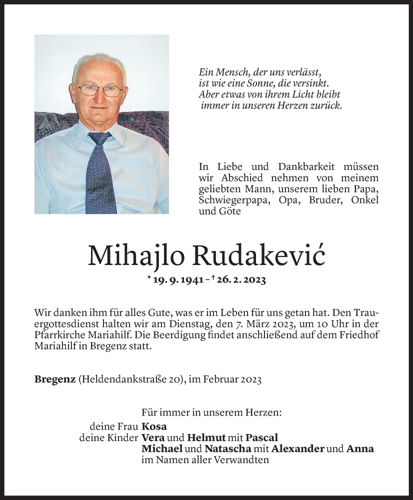 Todesanzeige für Mihajlo Rudakevic vom 03.03.2023 aus Vorarlberger Nachrichten