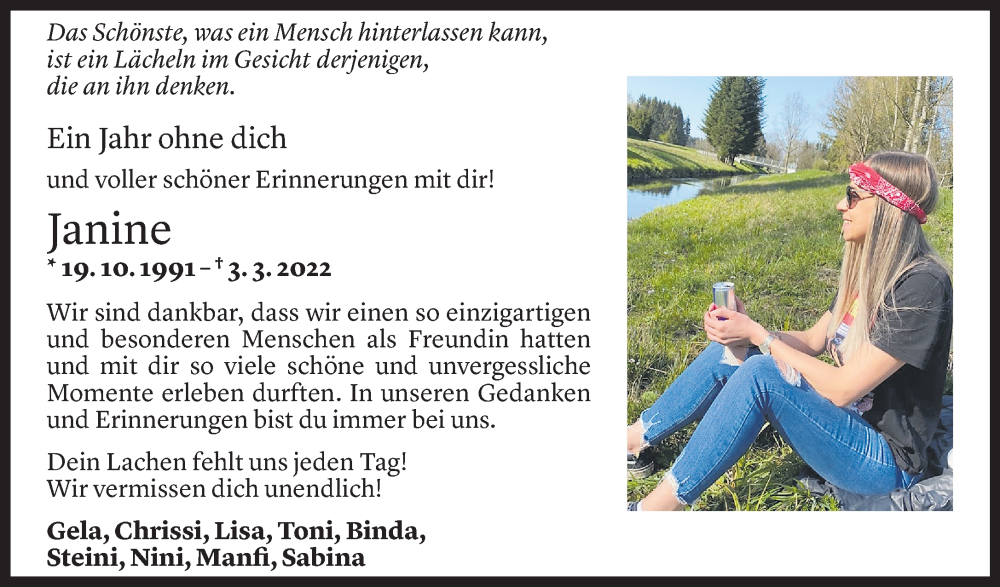  Todesanzeige für Janine Greiderer vom 03.03.2023 aus Vorarlberger Nachrichten