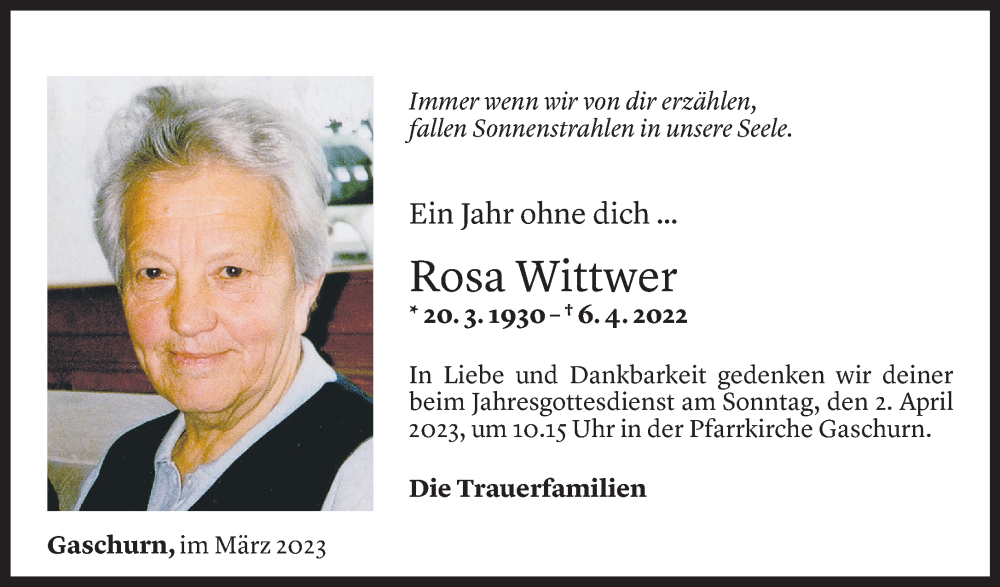  Todesanzeige für Rosa Wittwer vom 31.03.2023 aus Vorarlberger Nachrichten