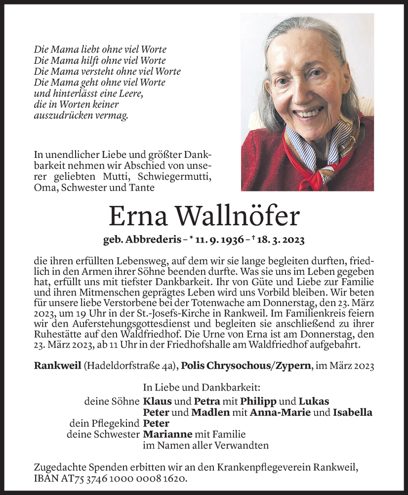  Todesanzeige für Erna Wallnöfer vom 21.03.2023 aus Vorarlberger Nachrichten