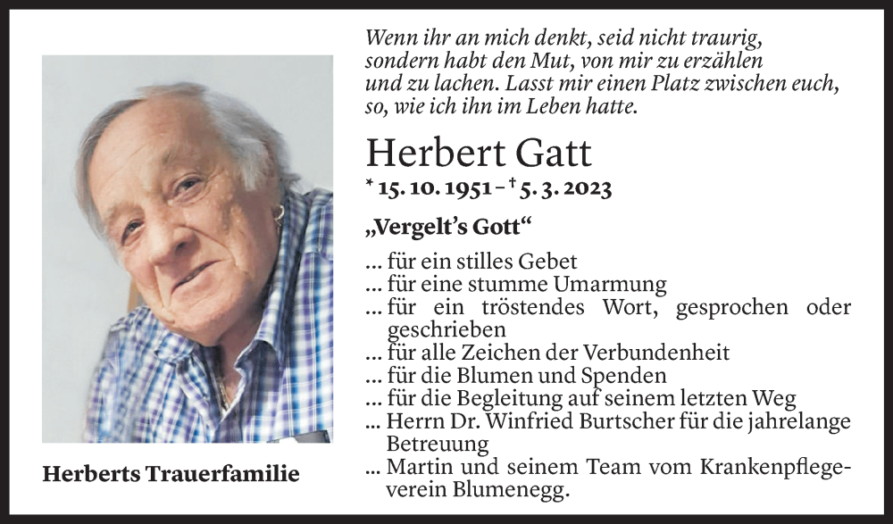  Todesanzeige für Herbert Gatt vom 24.03.2023 aus Vorarlberger Nachrichten