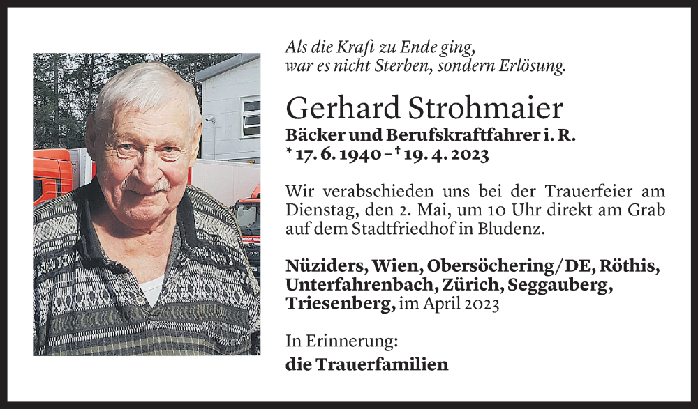  Todesanzeige für Gerhard Strohmaier vom 28.04.2023 aus Vorarlberger Nachrichten