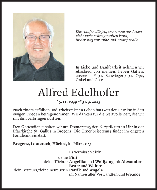 Todesanzeige von Alfred Edelhofer von Vorarlberger Nachrichten
