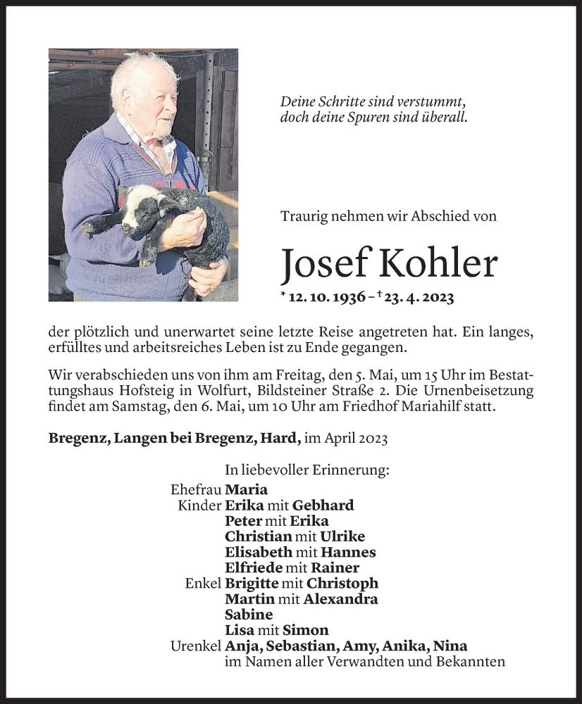  Todesanzeige für Josef Kohler vom 28.04.2023 aus Vorarlberger Nachrichten