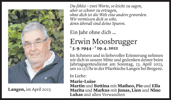 Todesanzeige von Erwin Moosbrugger von Vorarlberger Nachrichten