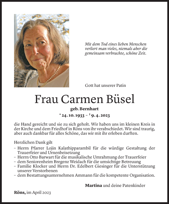 Todesanzeige von Carmen Büsel von Vorarlberger Nachrichten