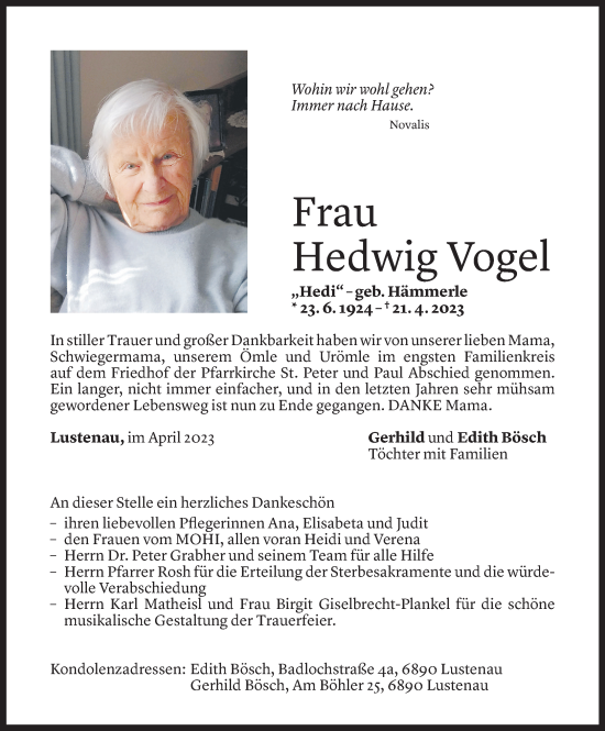 Todesanzeige von Hedwig Vogel von Vorarlberger Nachrichten