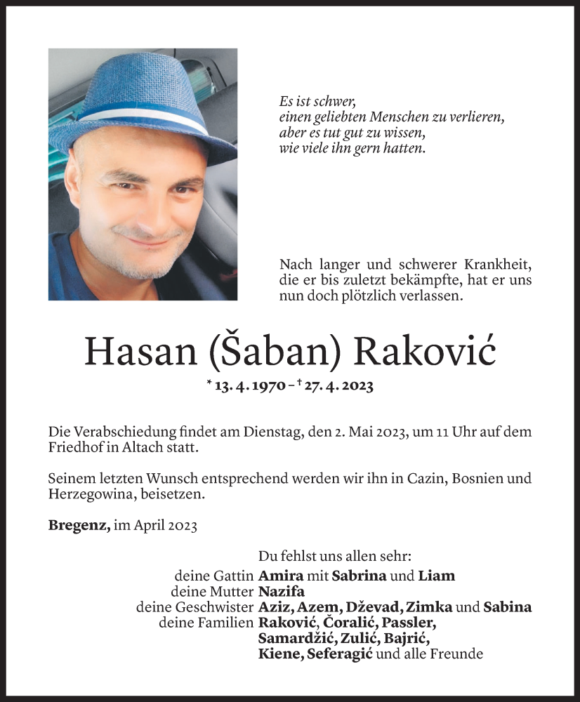  Todesanzeige für Hasan Šaban Rakovic vom 28.04.2023 aus Vorarlberger Nachrichten