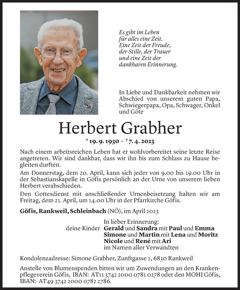  Todesanzeige für Herbert Grabher vom 18.04.2023 aus Vorarlberger Nachrichten