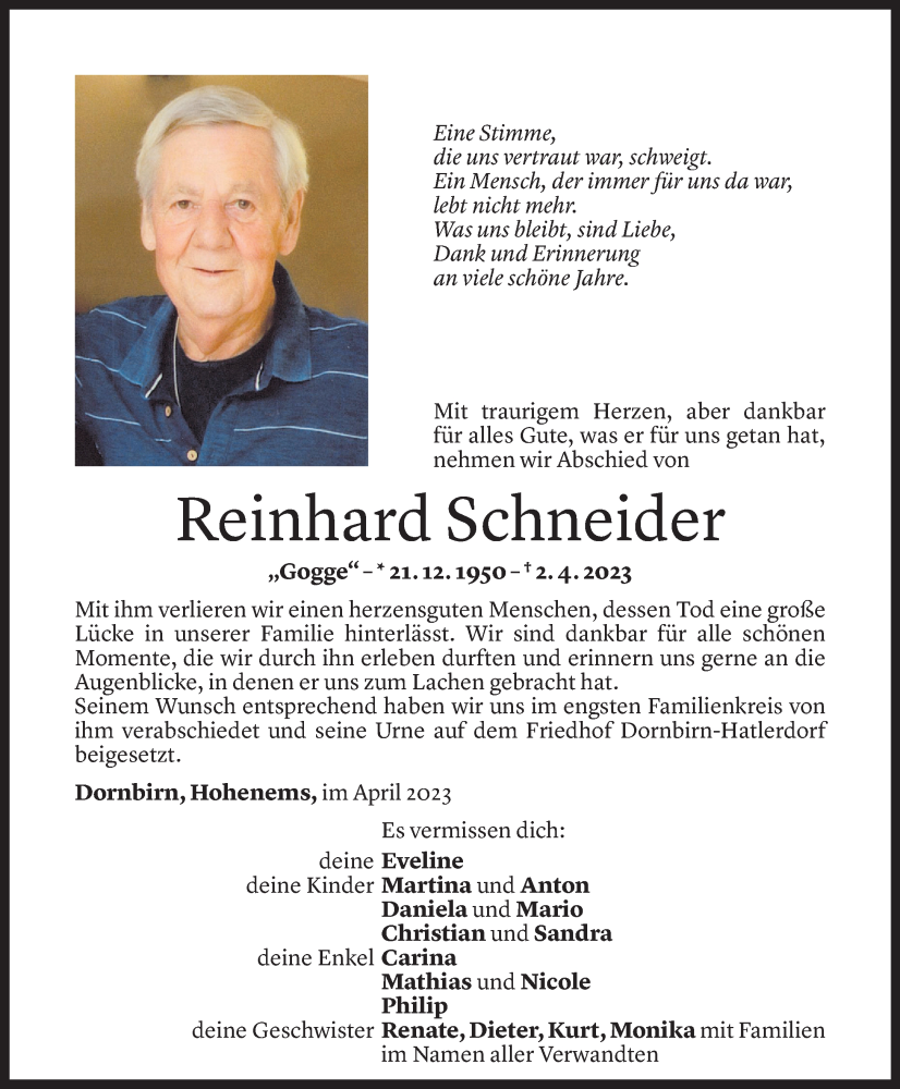  Todesanzeige für Reinhard Schneider vom 15.04.2023 aus Vorarlberger Nachrichten