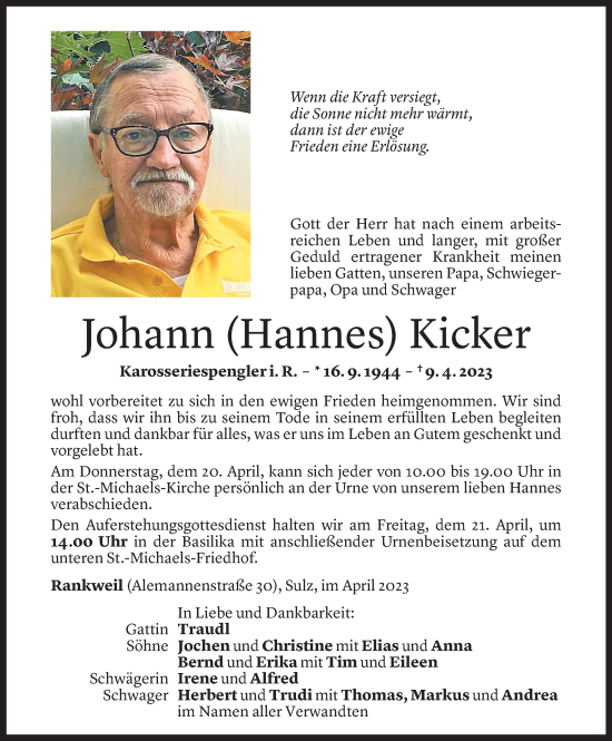 Todesanzeige von Johann Kicker von Vorarlberger Nachrichten