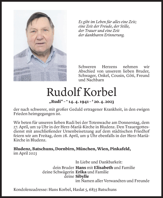 Todesanzeige von Rudolf Korbel von Vorarlberger Nachrichten