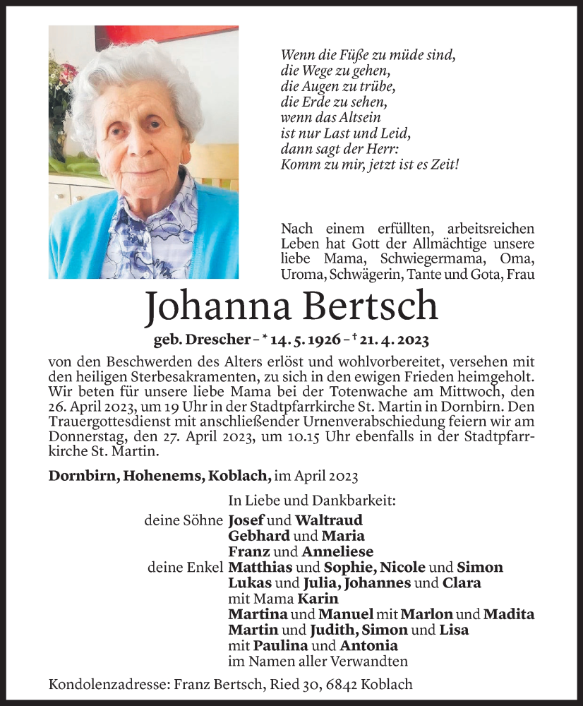  Todesanzeige für Johanna Bertsch vom 25.04.2023 aus Vorarlberger Nachrichten