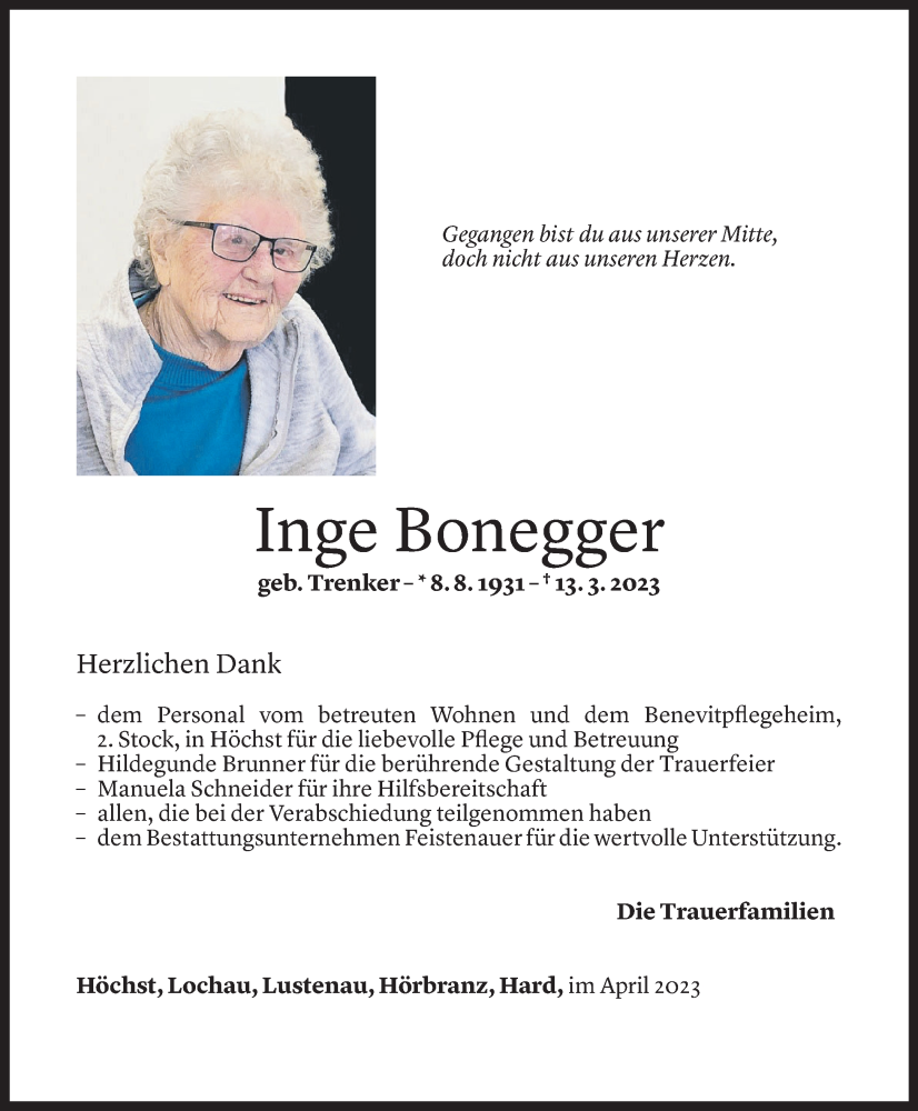  Todesanzeige für Inge Bonegger vom 12.04.2023 aus Vorarlberger Nachrichten