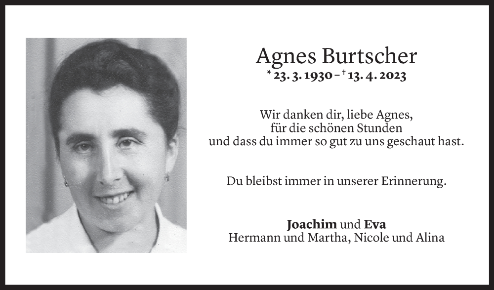  Todesanzeige für Agnes Burtscher vom 16.04.2023 aus Vorarlberger Nachrichten