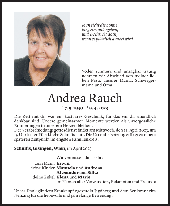 Todesanzeige von Andrea Rauch von Vorarlberger Nachrichten
