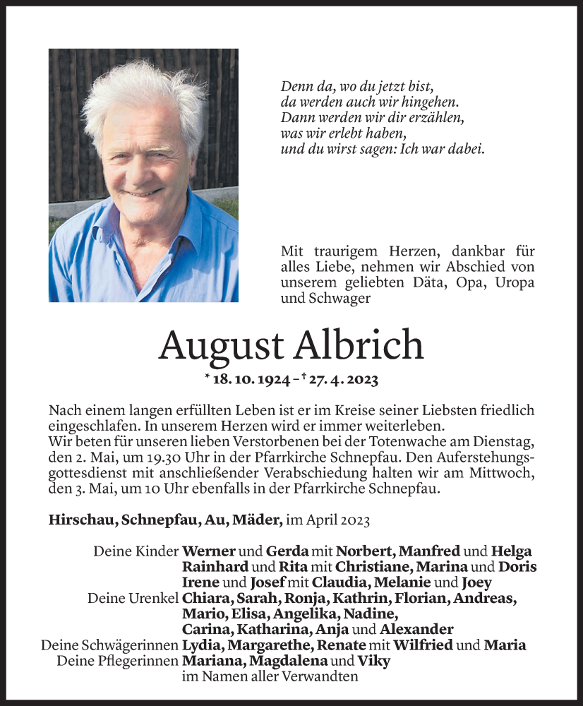  Todesanzeige für August Albrich vom 28.04.2023 aus Vorarlberger Nachrichten