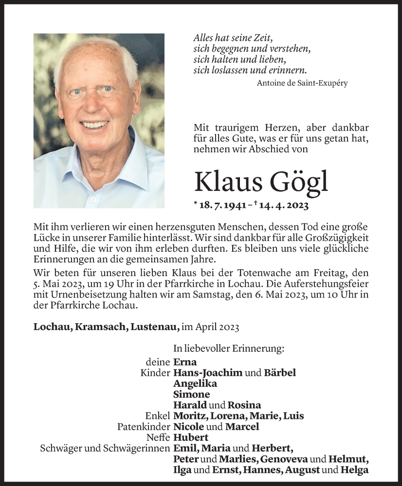  Todesanzeige für Klaus Gögl vom 21.04.2023 aus Vorarlberger Nachrichten