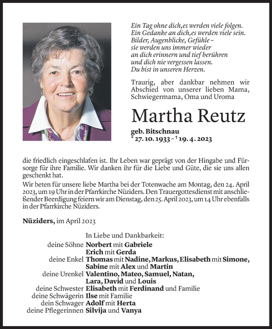 Todesanzeige von Martha Reutz von Vorarlberger Nachrichten