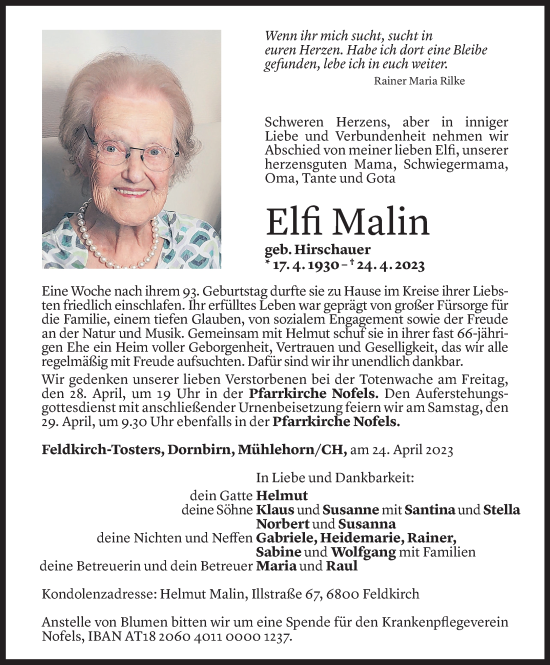 Todesanzeige von Elfi Malin von Vorarlberger Nachrichten