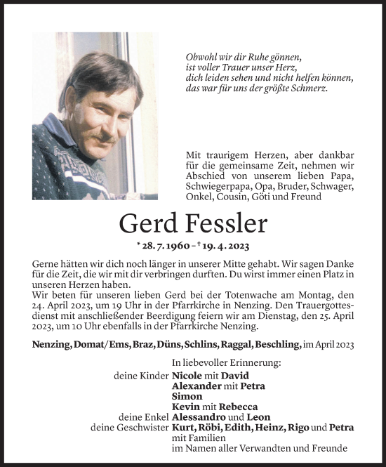Todesanzeige von Gerd Fessler von Vorarlberger Nachrichten