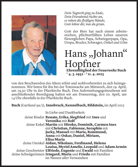 Todesanzeige von Hans Hopfner von Vorarlberger Nachrichten
