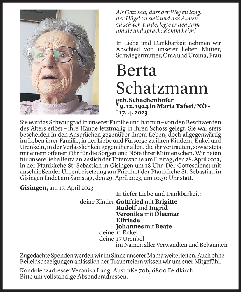  Todesanzeige für Berta Schatzmann vom 25.04.2023 aus Vorarlberger Nachrichten