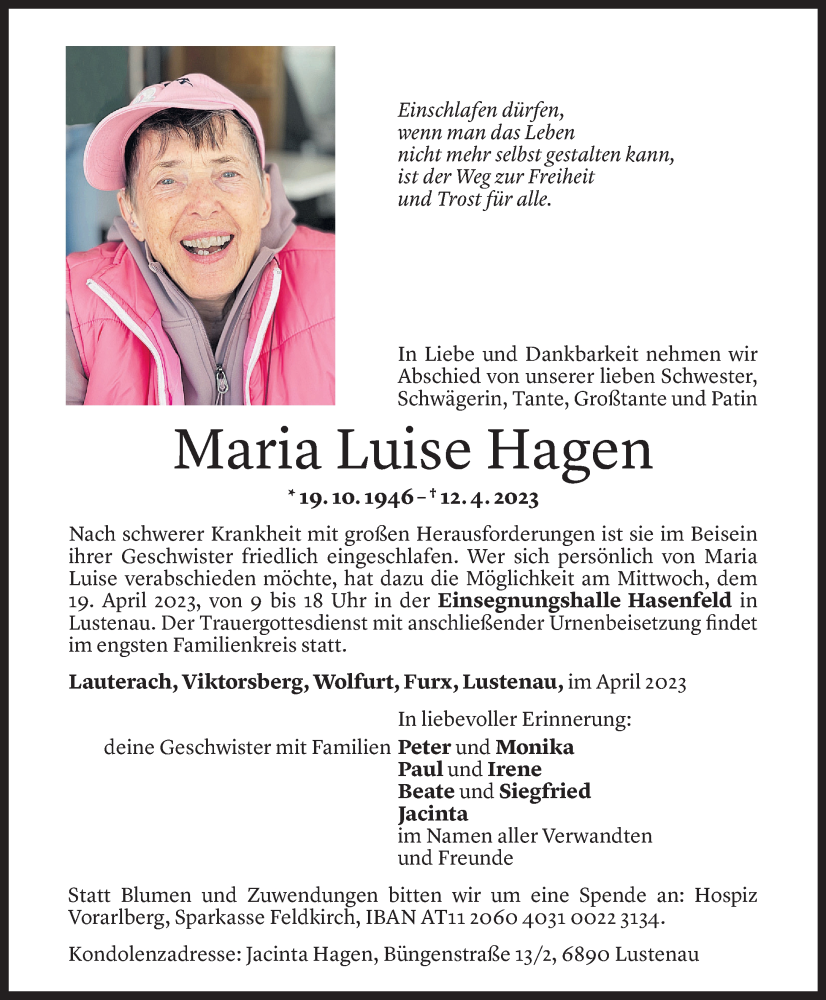  Todesanzeige für Maria Luise Hagen vom 16.04.2023 aus Vorarlberger Nachrichten