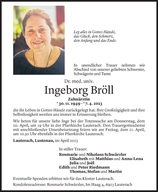 Todesanzeige von Ingeborg Bröll von Vorarlberger Nachrichten