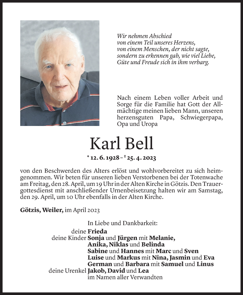  Todesanzeige für Karl Bell vom 27.04.2023 aus Vorarlberger Nachrichten