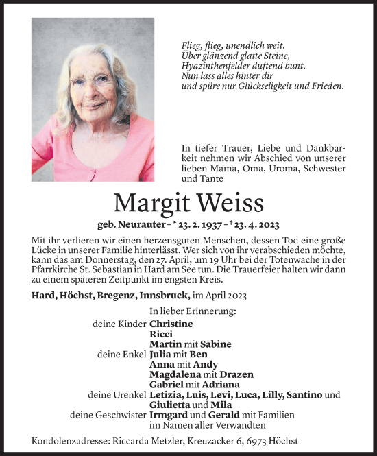 Todesanzeige von Margit Weiss von Vorarlberger Nachrichten