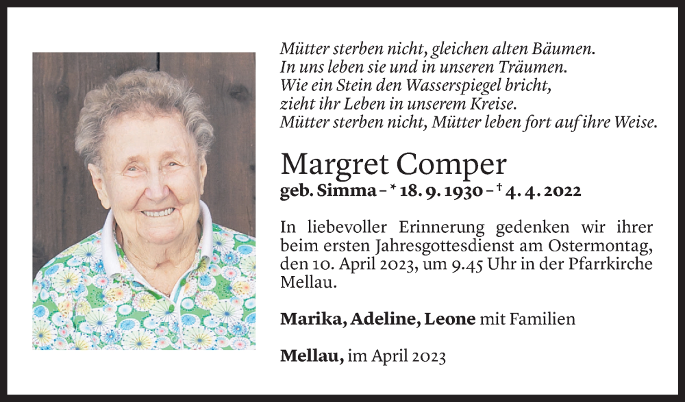  Todesanzeige für Margret Comper vom 03.04.2023 aus Vorarlberger Nachrichten