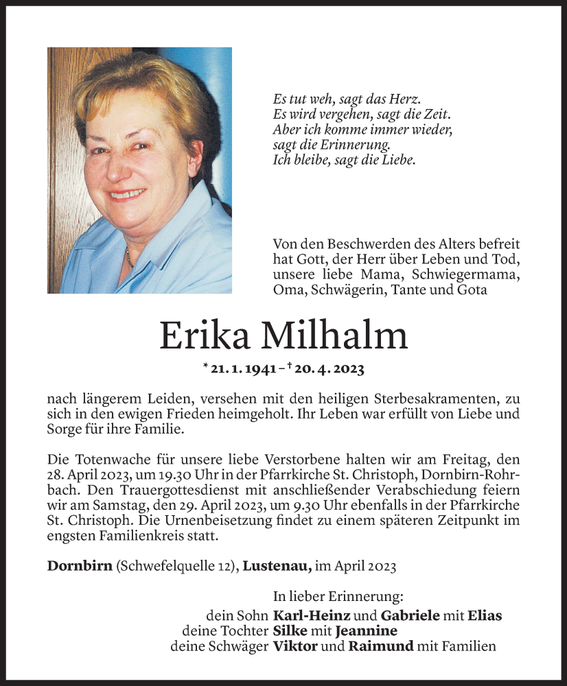  Todesanzeige für Erika Milhalm vom 21.04.2023 aus Vorarlberger Nachrichten