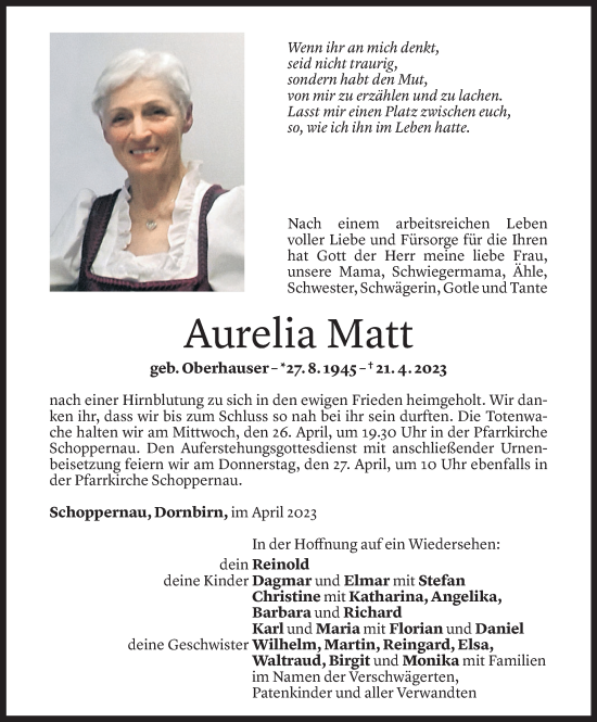 Todesanzeige von Aurelia Matt von Vorarlberger Nachrichten