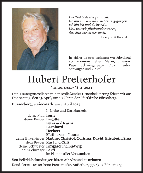 Todesanzeige von Hubert Pretterhofer von Vorarlberger Nachrichten