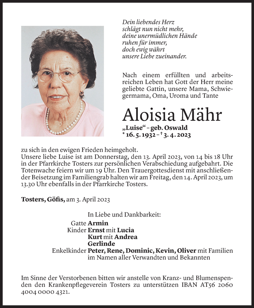  Todesanzeige für Luisa Mähr vom 10.04.2023 aus Vorarlberger Nachrichten