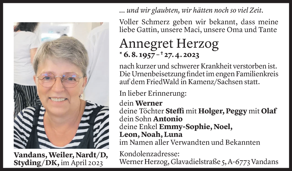  Todesanzeige für Annegret Herzog vom 28.04.2023 aus Vorarlberger Nachrichten