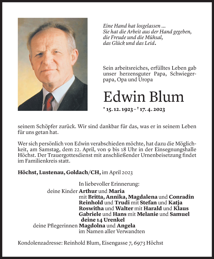 Todesanzeige für Edwin Blum vom 20.04.2023 aus Vorarlberger Nachrichten